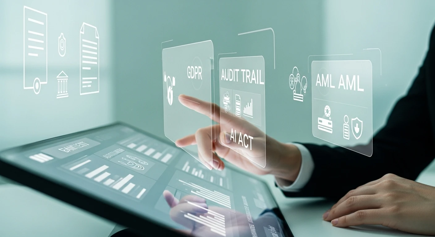 High-tech banking workspace showing advanced digital tools and secure dashboards for compliance fraud detection banking solutions.