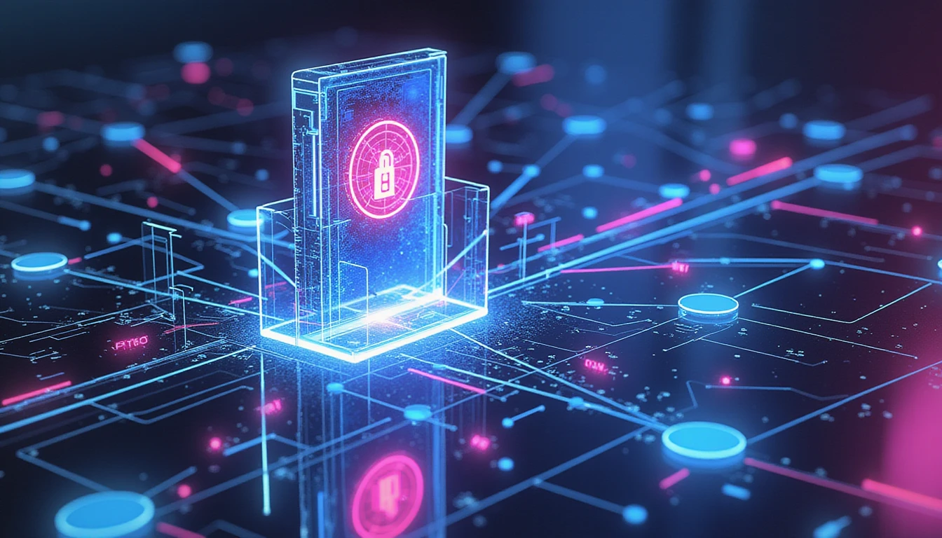 Neon-glowing digital shield over data streams represents AI-driven fraud detection in insurance, highlighting security and anomaly detection.
