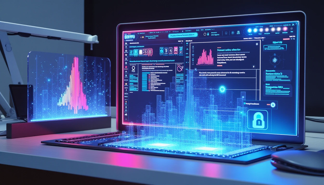 Futuristic workspace with AI-powered fraud detection dashboard, holographic data, and symbols of security and GDPR compliance