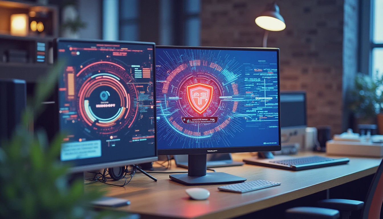 Futuristisches KI-Betrugsscanner-Interface auf Bürobildschirm mit neonfarbenem Datenfluss, der digitale Anomalien in sicherer Unternehmensumgebung scannt