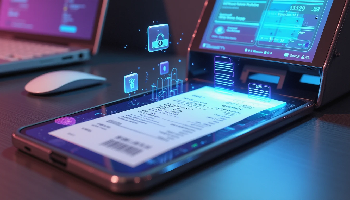 Macro view of a digital receipt scanned by a neon-lit device with AI-driven fraud detection visuals and secure data overlays