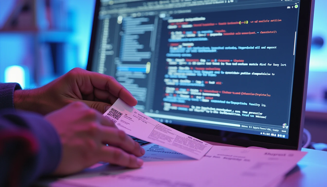 Futuristic digital workspace with AI fraud detection visuals, glowing document scan, and holographic code in neon lighting