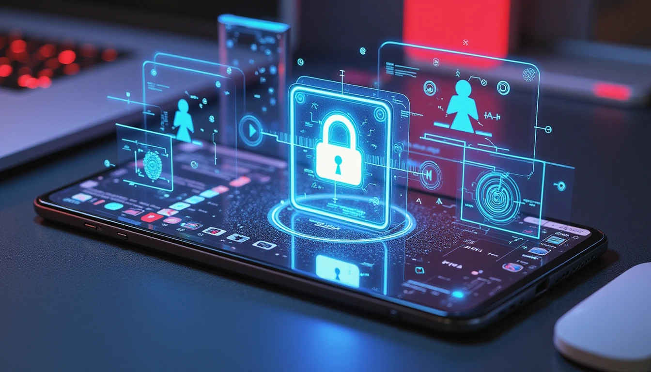 Futuristic dating app interface secured by neon security shields, biometric scans, and flowing digital code in a cyber-tech environment