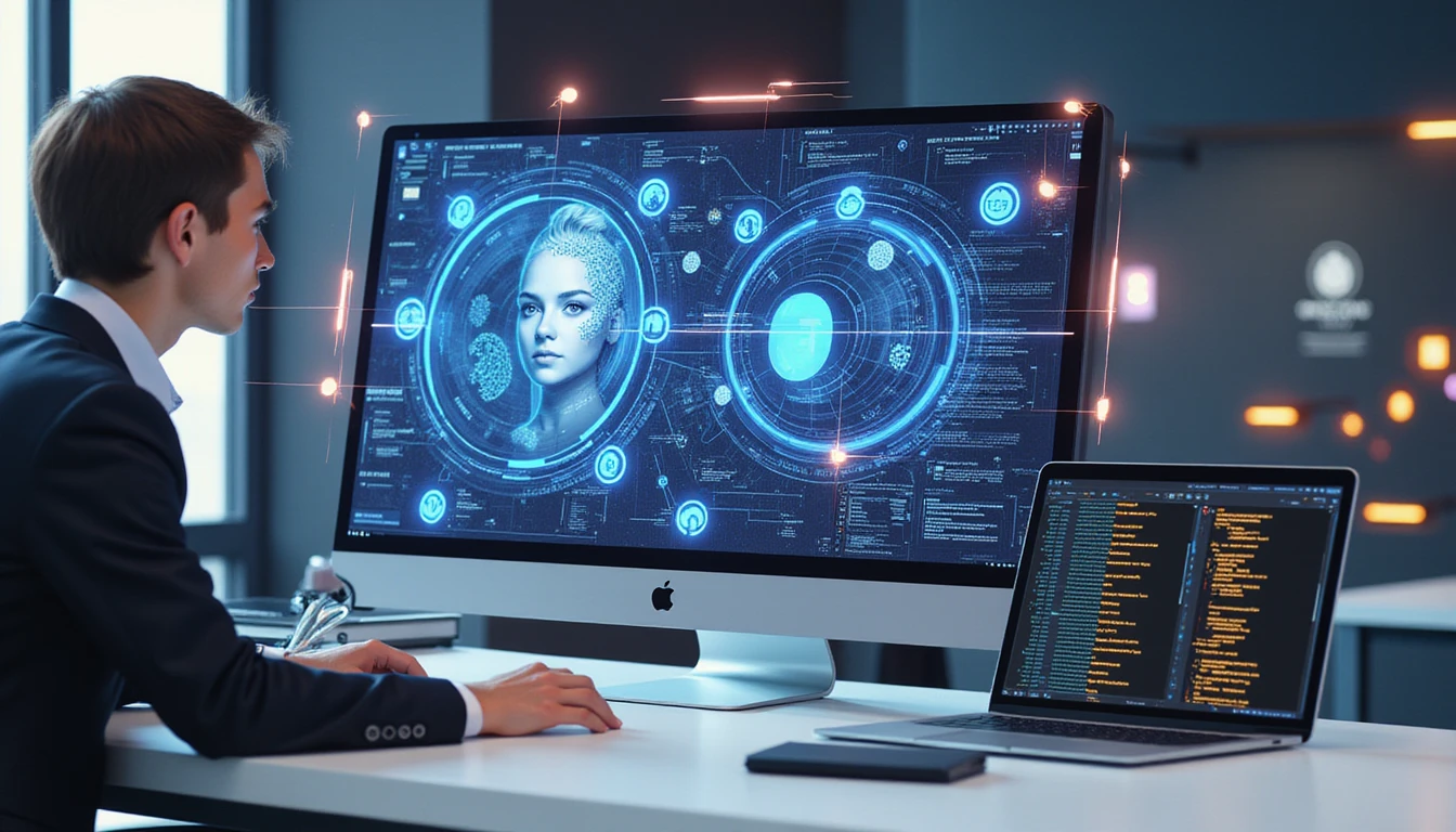 Futuristic insurance office with VAARHAFT’s Fraud Scanner detecting fakes; AI graphics and secure digital interface elements.