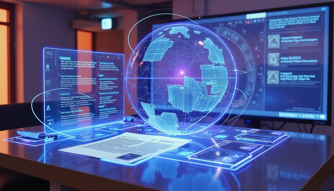 High-tech AI interface scans documents for cross-border insurance fraud, highlighting data with neon-blue beams and global data lines.