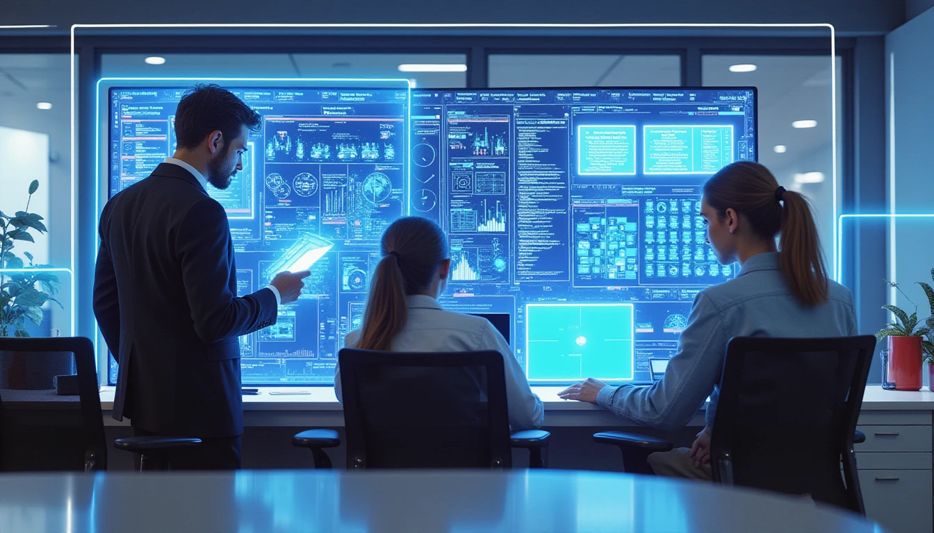 Professionals in a high-tech insurance office analyze fraud metrics on holographic AI dashboards with glowing circuit-style overlays