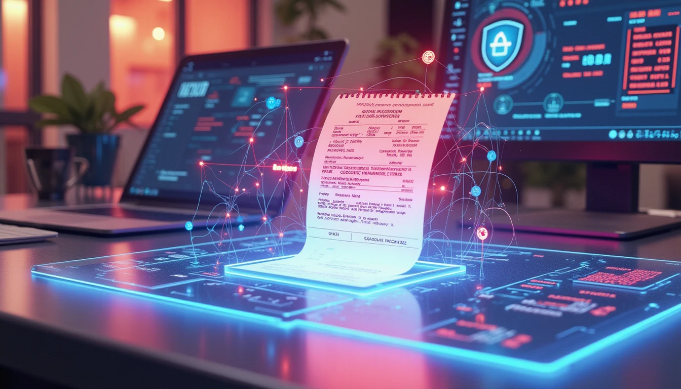 AI analyzing a holographic receipt in real time with fraud alerts, GDPR icons, and neon-lit digital workspace elements