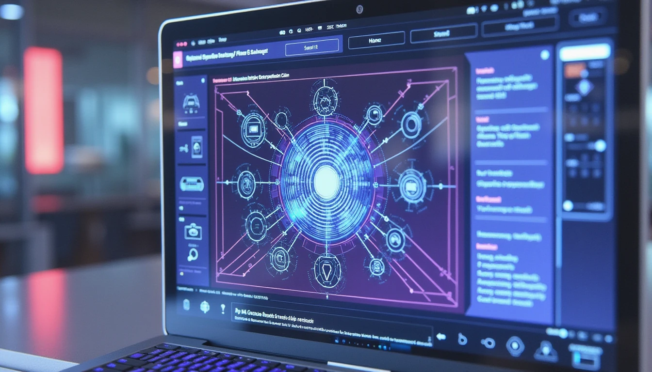 Futuristic insurance claim interface with AI neural network overlay and VAARHAFT Fraud Scanner hologram in sleek office setting