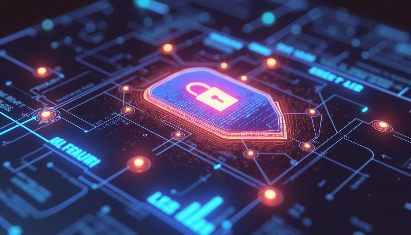 Futuristic AI-driven fraud detection interface with a glowing digital shield, interconnected nodes, and a high-tech neon aesthetic.