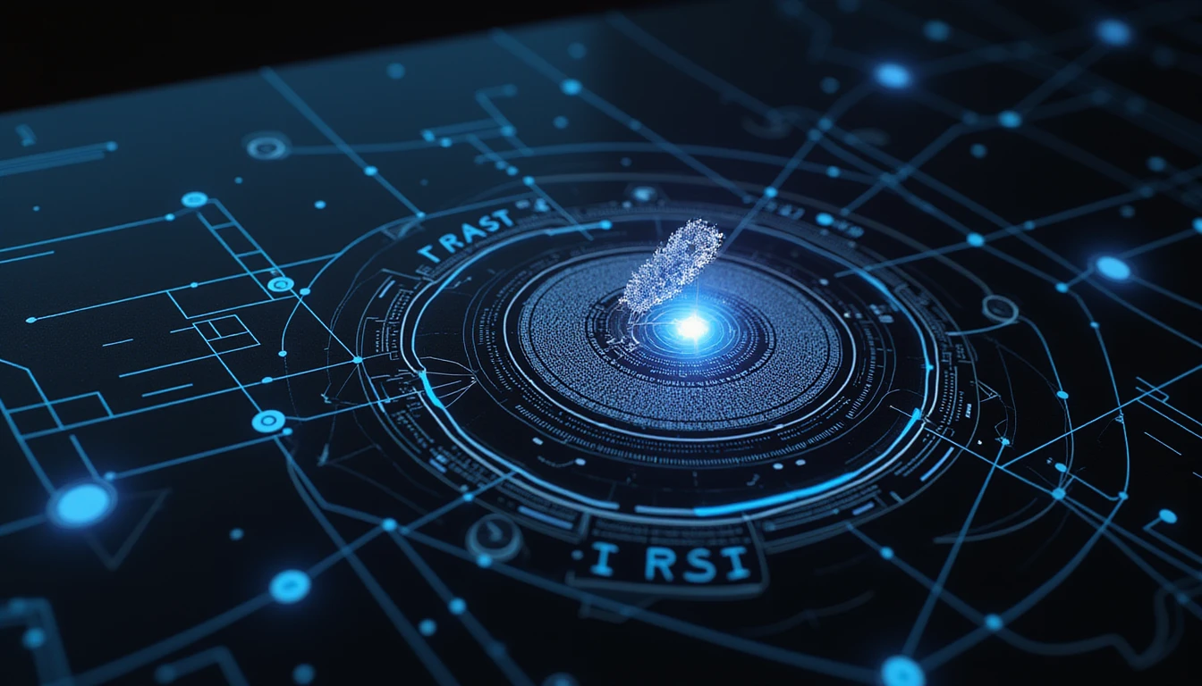 Futuristic diagram of AI-driven fraud detection in insurance, with glowing nodes, digital connections, and a sleek, high-tech design.