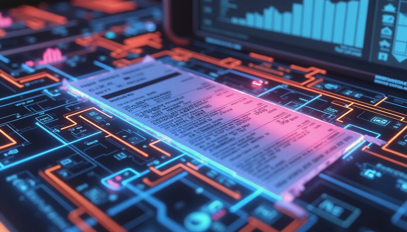 Futuristic macro of digital transaction with neon holographic receipt scanned by AI fraud system amid flowing data and UI overlays