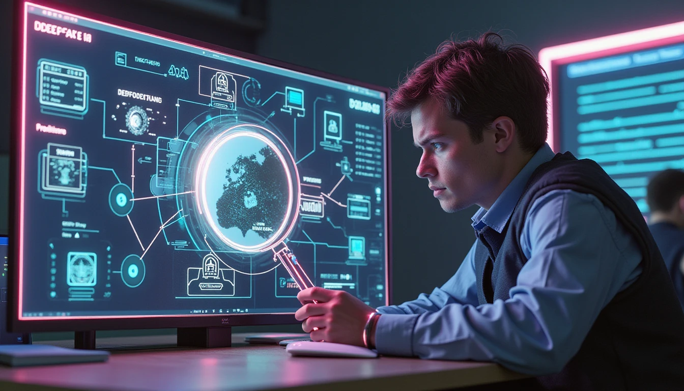 Futuristic insurance office analyzing digitally manipulated image with AI deepfake detection overlay in neon-lit setting