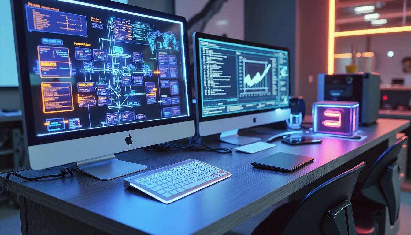 Futuristic workspace with glowing holograms showing cloud OCR, AI fraud detection, and real-time expense analysis insights