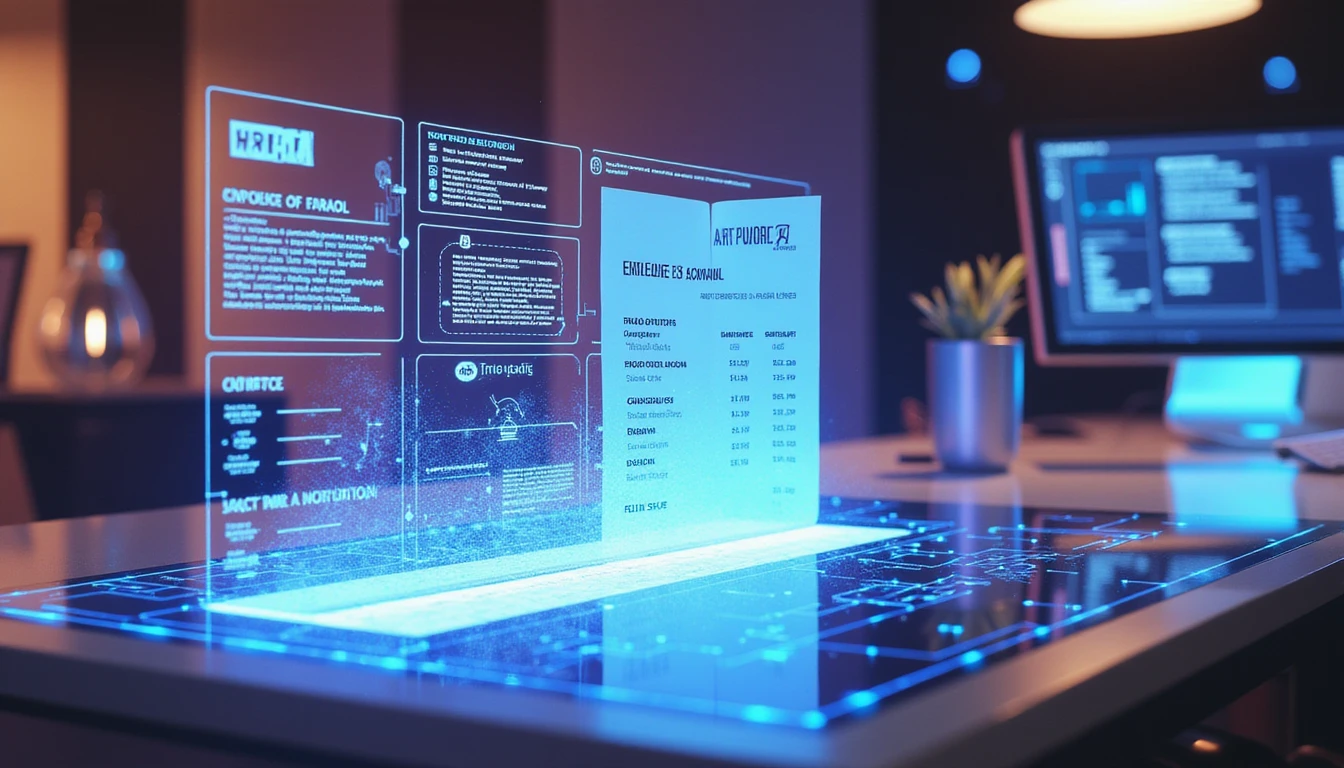Futuristic AI fraud detection interface analyzing a holographic receipt over a secure digital expense workspace