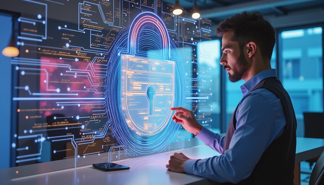 Insurance professional reviews holographic claim interface amid glowing neural data, symbolizing AI fraud detection and data security.