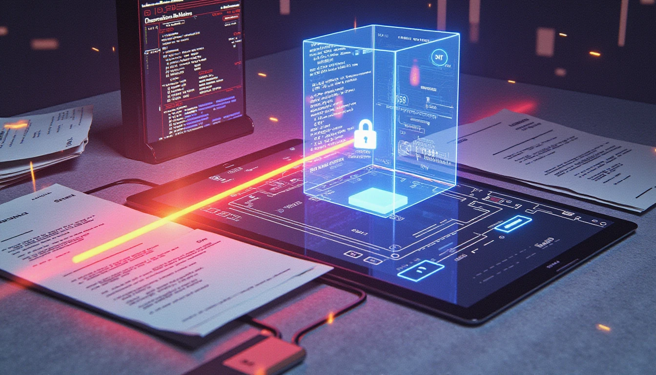 Futuristic AI interface scanning digital receipts with holographic data, padlock icons, and real-time fraud detection visuals