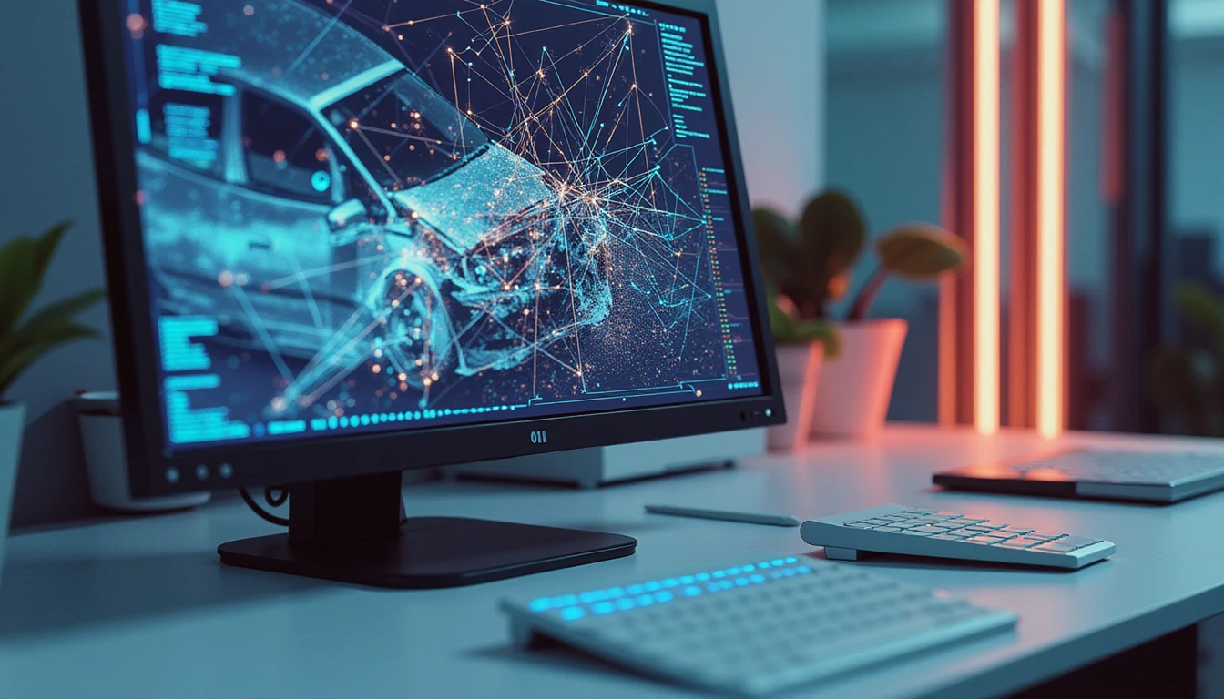 Macro workspace shot showing AI fraud detection interface analyzing metadata with neon-glow nodes and deconstructing car photo.