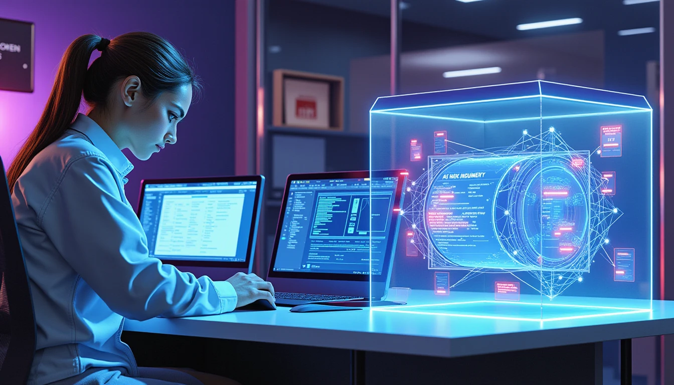 Futuristic insurance office with neon-lit AI interface detecting fraud through holographic document analysis and metadata overlays