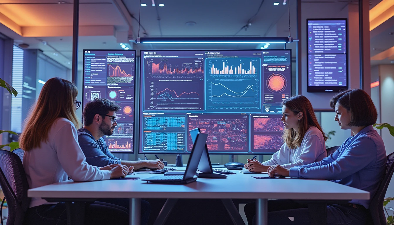 Professionals in a high-tech insurance office analyzing fraud detection AI with neon-lit data graphs and security icons
