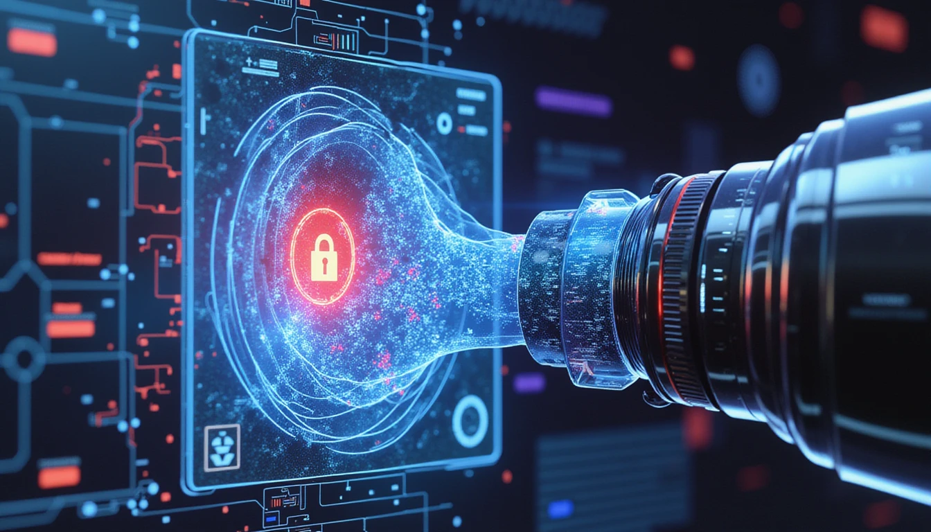 AI scanning tampered insurance photo, highlighting fake elements with neon effects, metadata layers, and secure data visuals