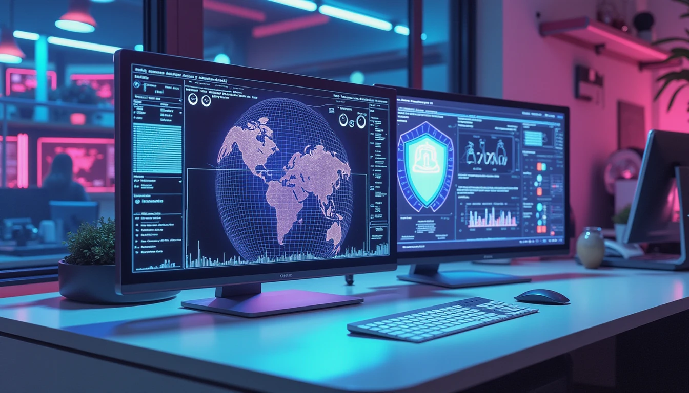 Futuristic digital insurance office with holographic fraud detection, glowing security shield, and neon-lit AI-driven data analysis.