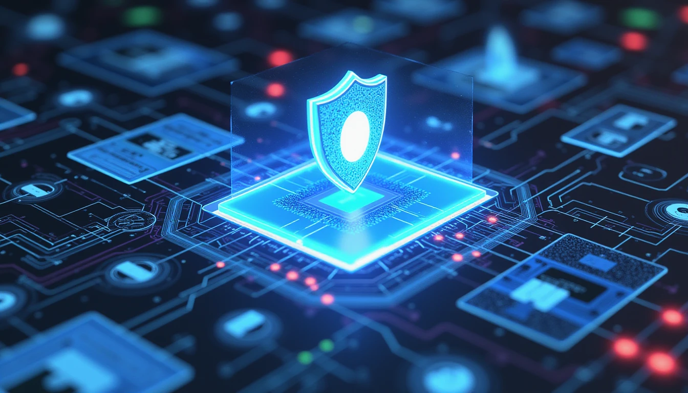 Futuristic AI-powered fraud detection interface with a holographic shield, scanning manipulated images using neural networks and data nodes.
