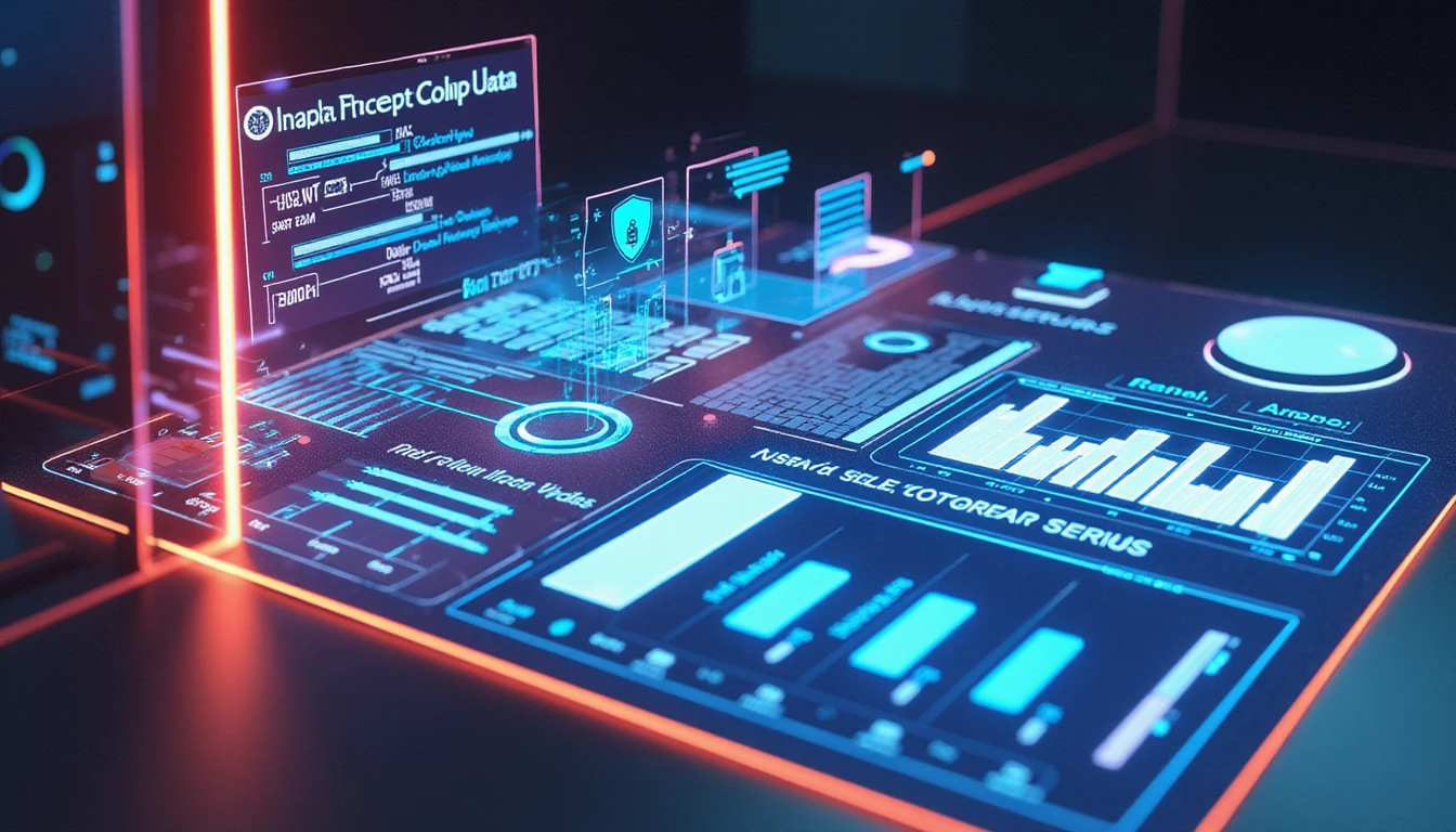 Futuristic workspace with glowing AI dashboard showing receipt analysis, fraud detection, and GDPR-compliant data security.