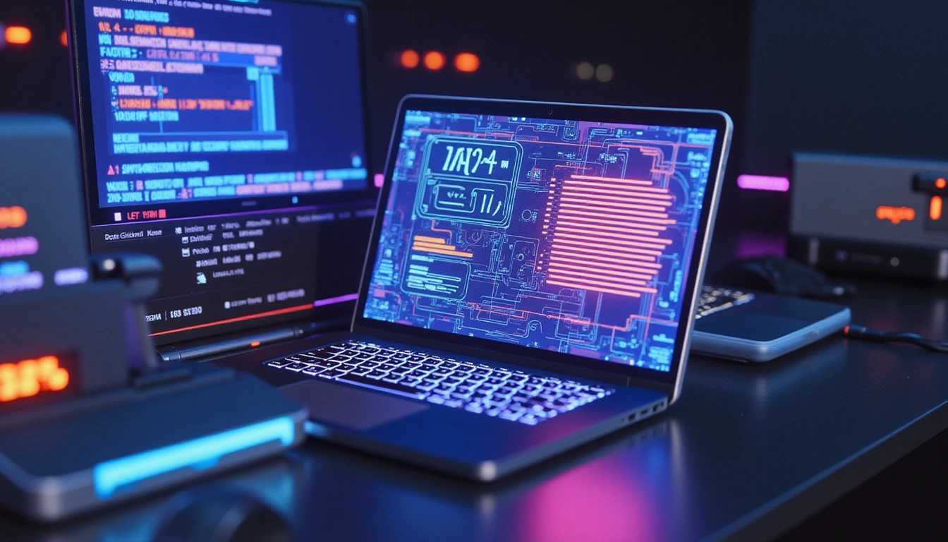 Futuristic neon-lit digital security interface analyzing documents with AI, featuring biometric verification and fraud detection elements.