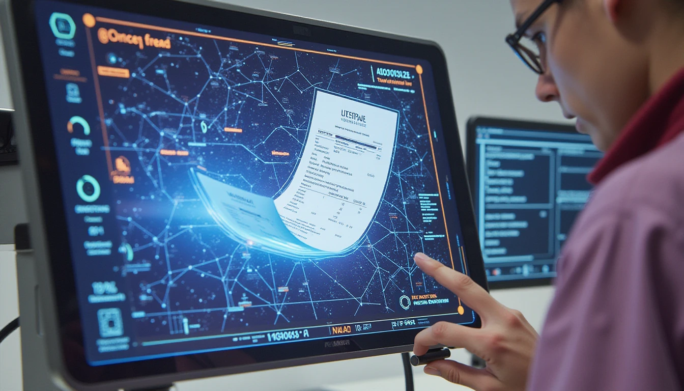 Person analyzing a floating holographic receipt amid neon-lit data networks symbolizing AI fraud detection and metadata analysis