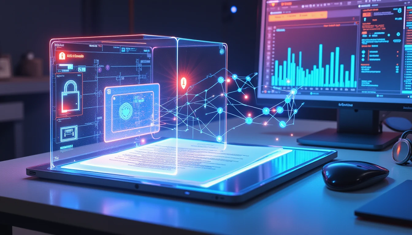 Futuristic workspace with AI scanning a digital expense report, showing holographic security icons and real-time data analysis