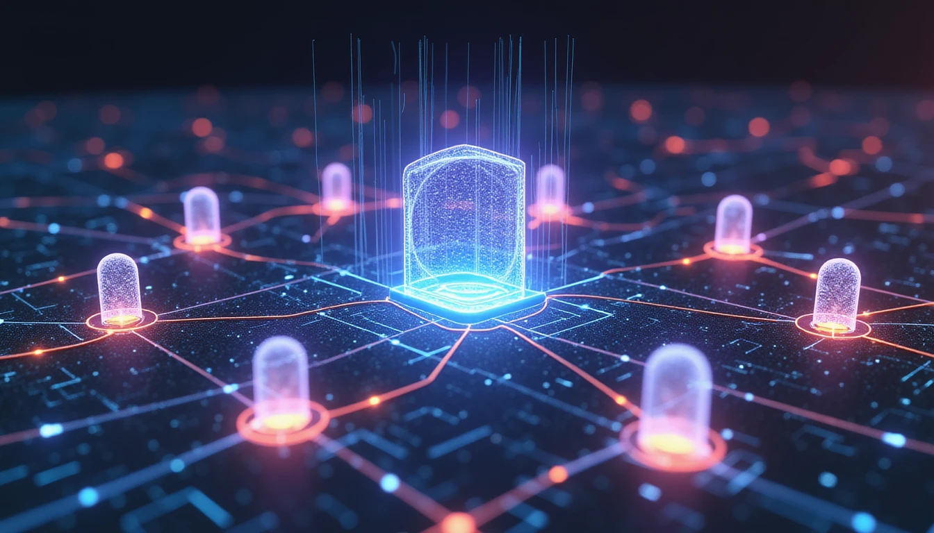Futuristic neon-lit digital landscape with interconnected nodes and holographic shields, symbolizing AI-driven fraud detection in insurance.