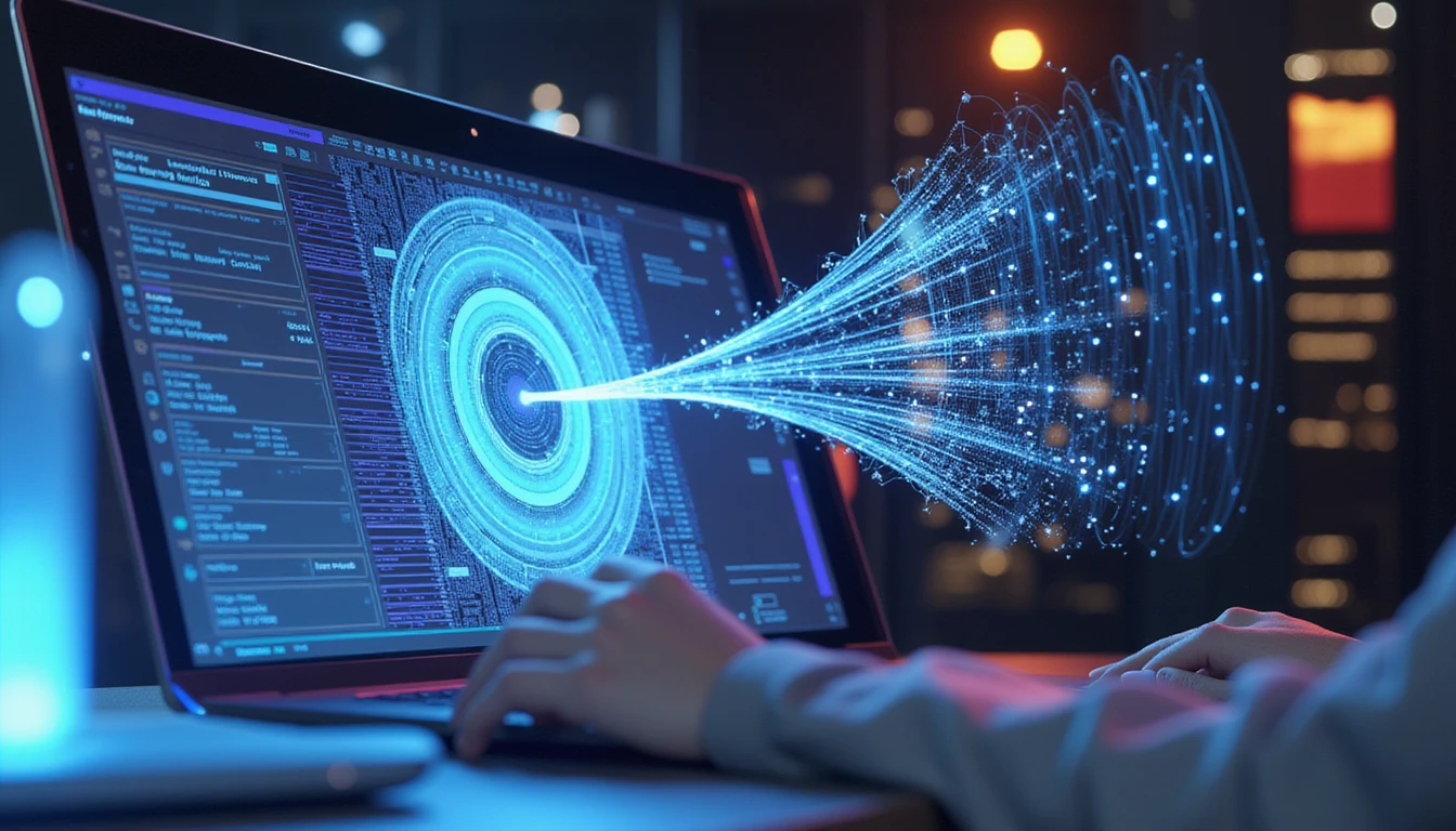 Futuristic AI interface scanning digital images with neon data streams and holographic metadata for insurance fraud detection