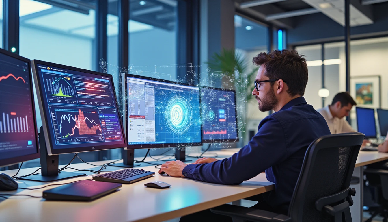 Modernes deutsches Versicherungsbüro mit KI-Betrugsanalytik, Neon-Hologrammen und VAARHAFTs Tools zur Echtzeit-Anspruchsverifikation