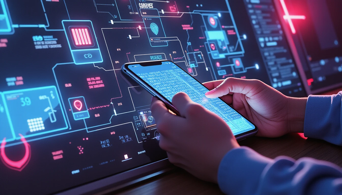 Nutzer durchstöbert Dating-App auf Smartphone in neonbeleuchtetem Raum mit schwebenden Bildern von KI-Betrugserkennung und biometrischer Sicherheit.