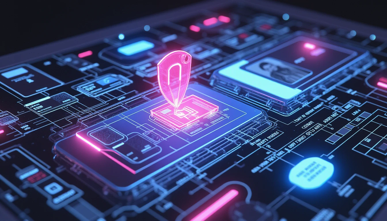 Abstract diagram of AI-driven ID fraud detection with biometric scans, metadata layers, and GDPR-compliant digital shield