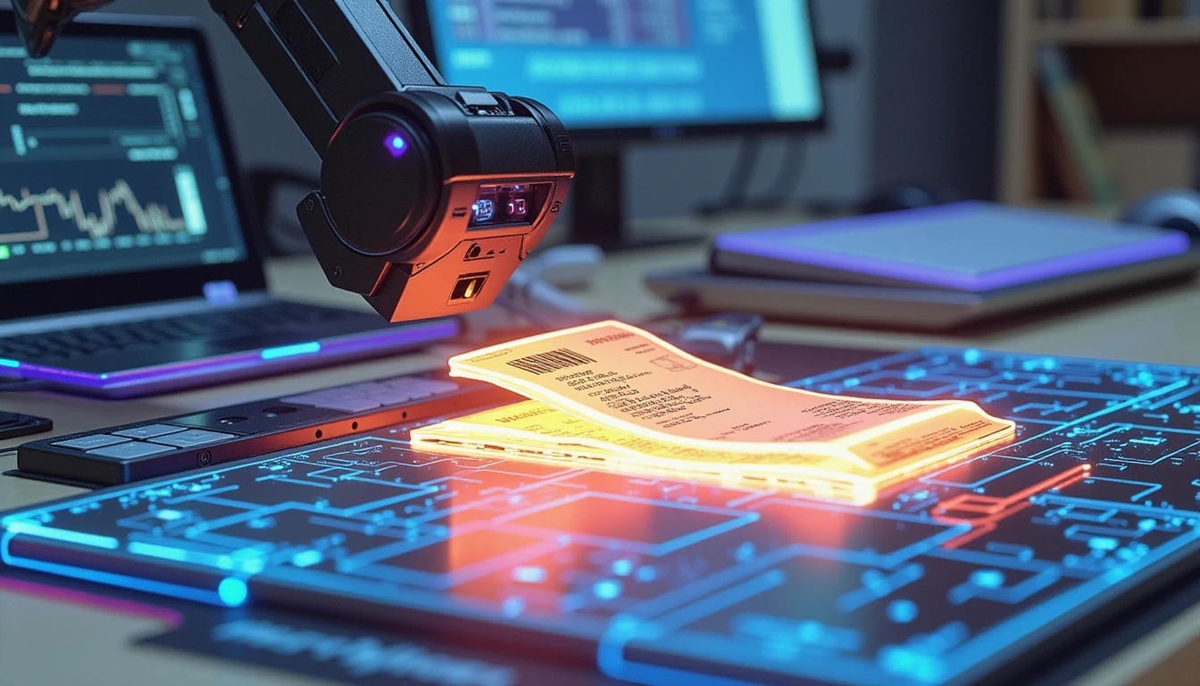 Futuristic AI workspace scanning a glowing holographic receipt with neon-lit circuits symbolizing fraud detection technology