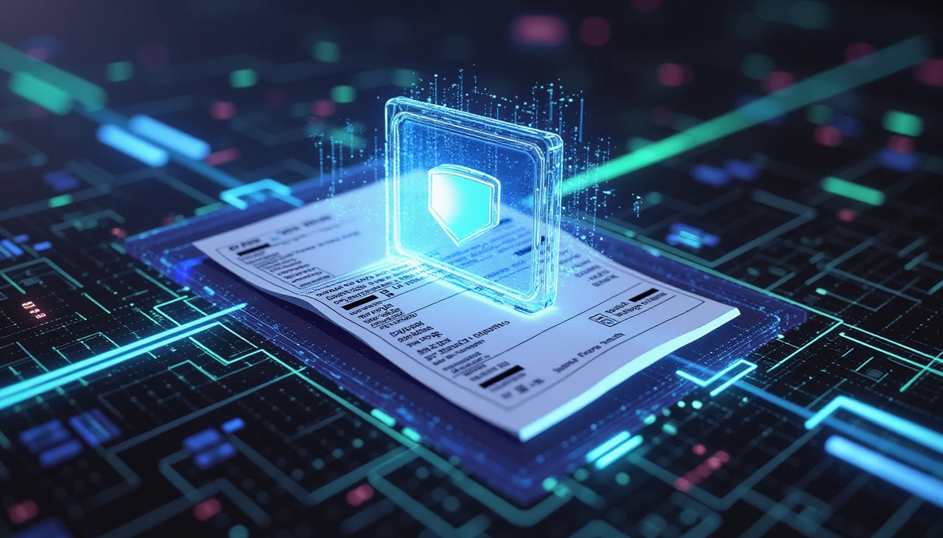 Glowing digital shield over a floating receipt with neon data streams, symbolizing AI fraud detection and secure expense management