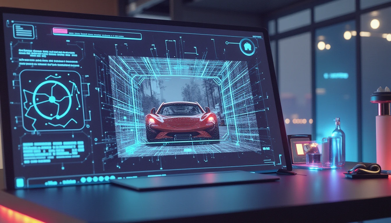 Futuristic insurance office with AI interface analyzing car damage, showing metadata verification and fraud detection visuals