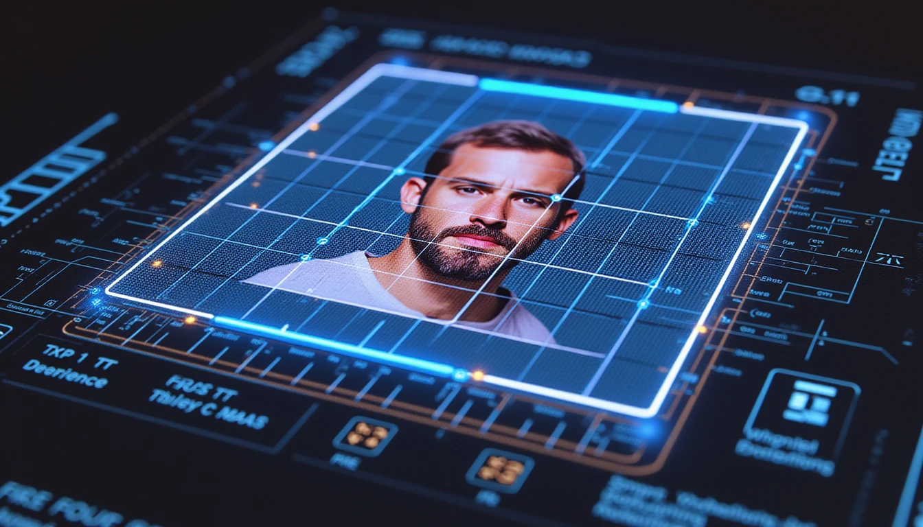 Futuristic fraud detection interface scanning a photo with neon grid, highlighting tampered areas and displaying analysis data