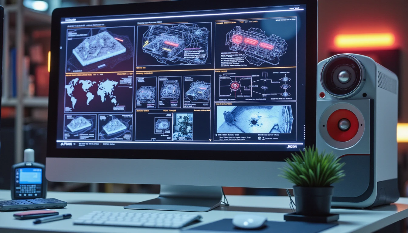 Futuristic workspace with neon UI analyzing image tampering for AI-driven insurance fraud detection in cinematic detail