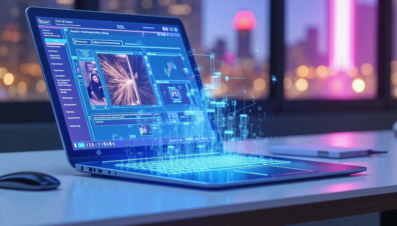 Macro view of AI fraud detection dashboard on a neon-lit desk analyzing insurance claims in a futuristic office setting