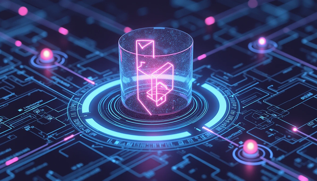 Futuristic neon-lit network visualizing AI-driven real-time fraud detection in insurance, with a glowing shield symbolizing security.