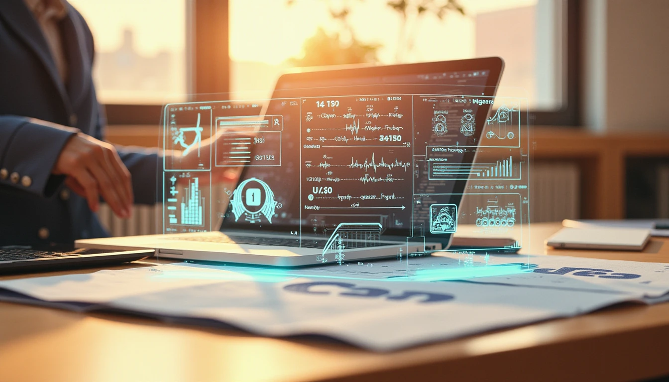 Ultra-realistic macro shot of an AI-powered fraud detection system analyzing insurance claims with a holographic data overlay in warm lighting.