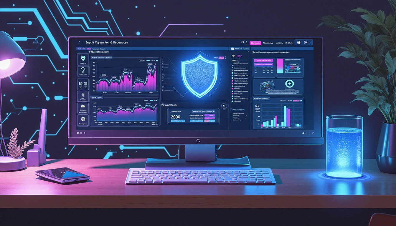 Futuristic finance workspace with holographic AI tools, fraud detection graphics, and neon-glow data streams in cool tones