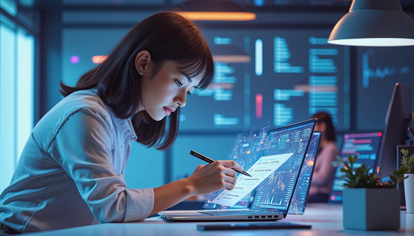 Professioneller Insurtech-Analyst begutachtet digitales Schadensdokument mit KI-Datenüberlagerungen, die Betrugsmuster in einem neonbeleuchteten Büroumfeld hervorheben
