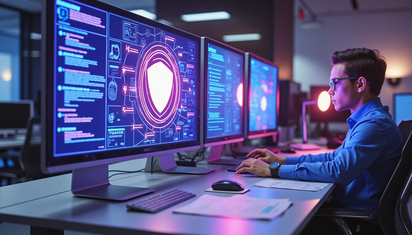 Futuristic insurance office with holographic fraud analysis, AI-driven data security, and a glowing shield visual centerpiece.