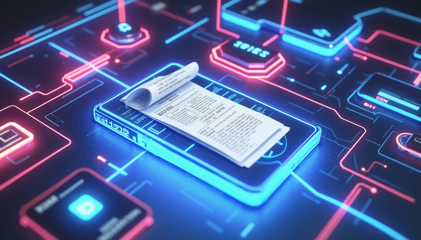 Futuristic AI interface scanning receipts with neon dataflows, symbolizing secure, real-time fraud detection and GDPR compliance