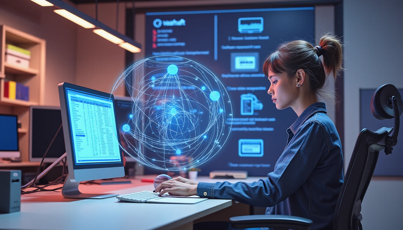 Futuristic insurance office with glowing UI analyzing payslip; neon AI diagram highlights fraud detection in disability claims.