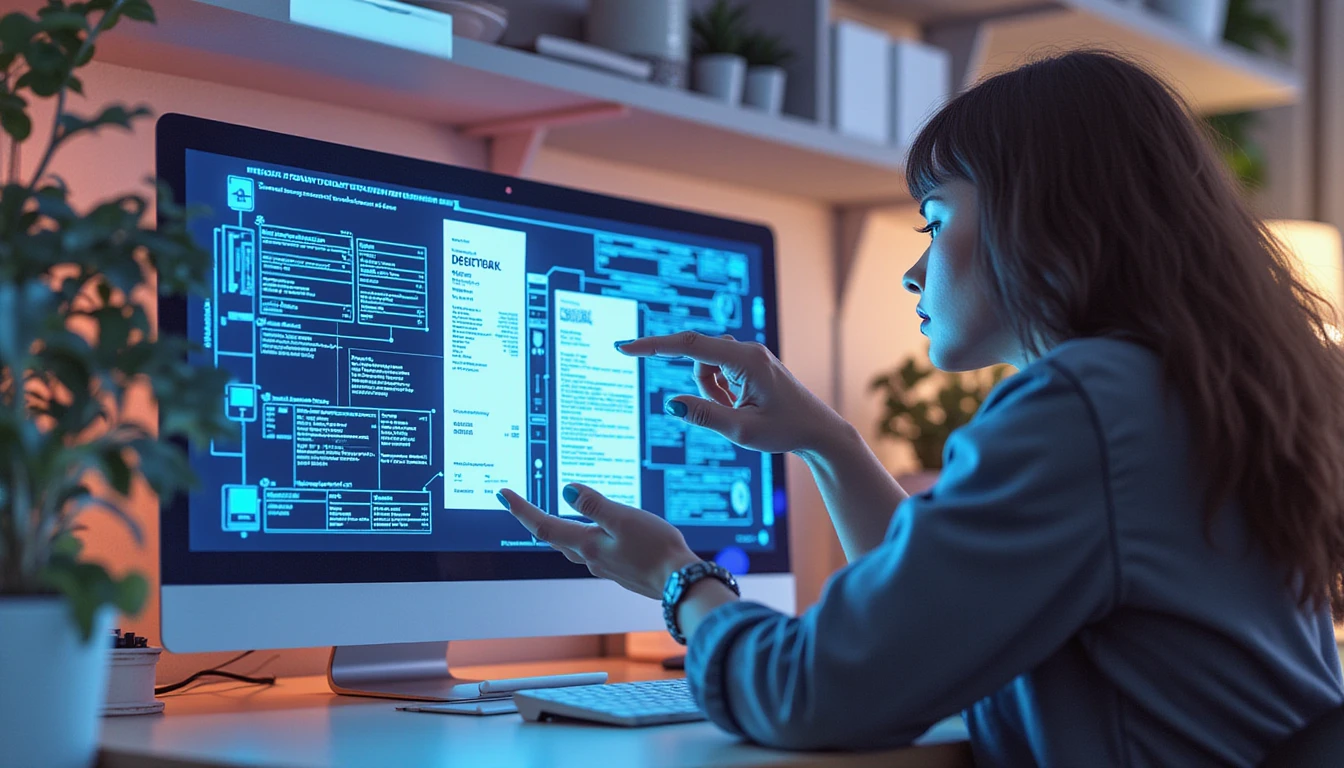 Professional analyzing digital receipts at sleek desktop with holographic overlays and neon AI fraud detection visualizations