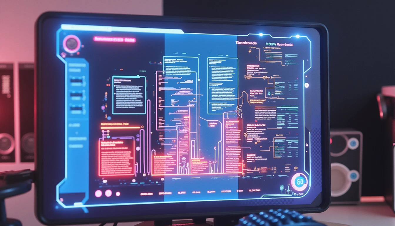 Futuristic neon-lit office with AI analyzing medical claims on holographic screen, highlighting insurance fraud anomalies